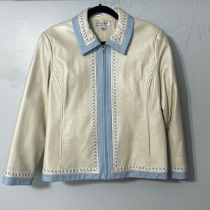 ST JOHN SPORT LEATHER PEARL &LIGHT BLUE JACKET LARGE